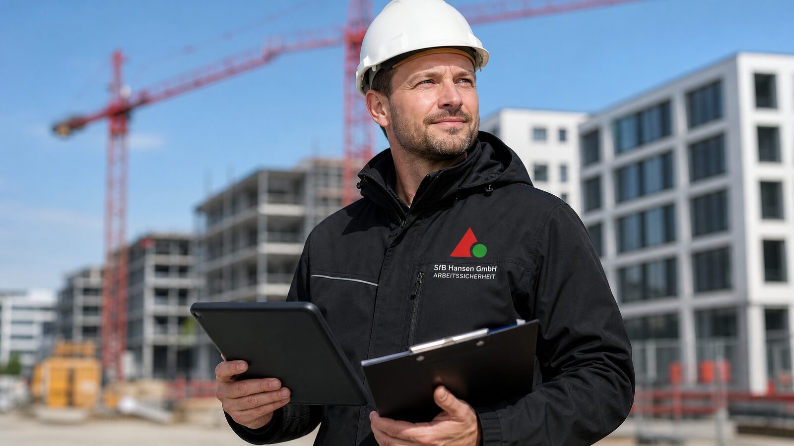Sicherheitsfachkraft der SfB Hansen GmbH bei der Baustellenbegehung
