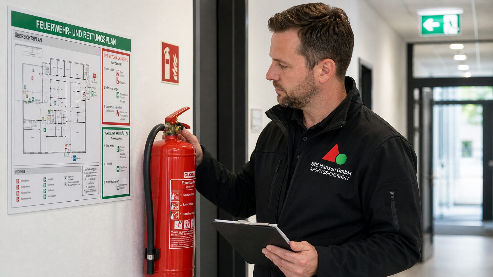 Brandschutzexperte der SfB Hansen GmbH prüft Feuerlöscher und Fluchtplan